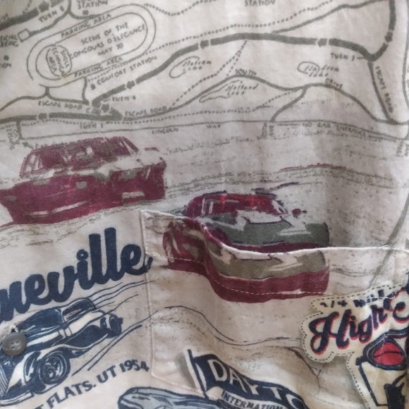 Newport Blue Shirt Mens Size L Raceway Short Sleeve Button Down Graphic - Picture 3 of 6